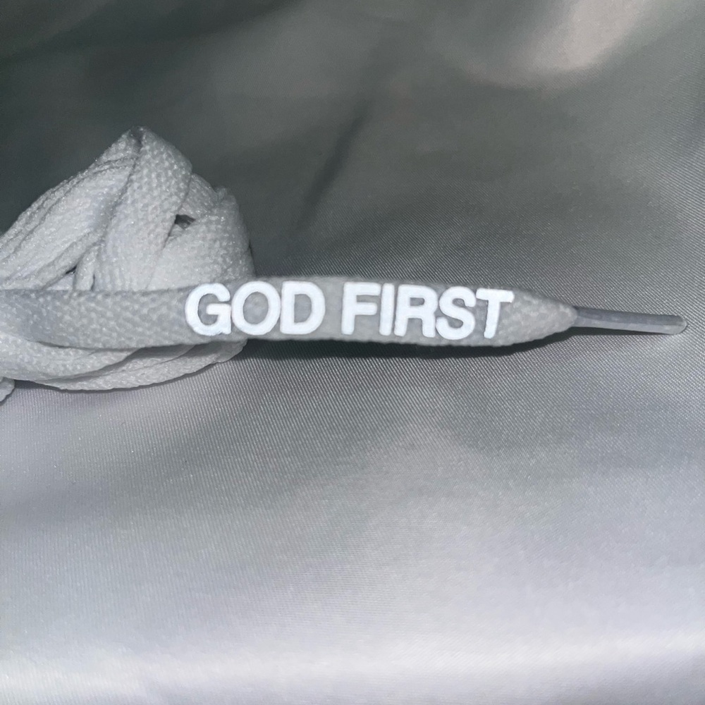 Custom BRAND NEW White and Silver Shoelaces w/ 'God First' (Reflective in light)